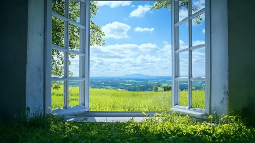 Wide open casement window framing high dynamic range meadow.