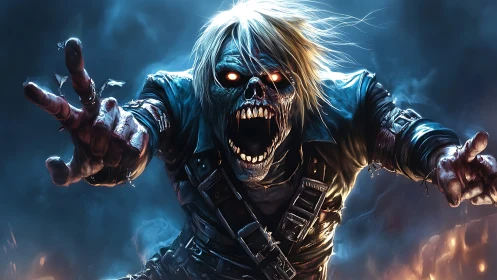 Neon-eyed rocker ghoul races out of the stormy dark night.