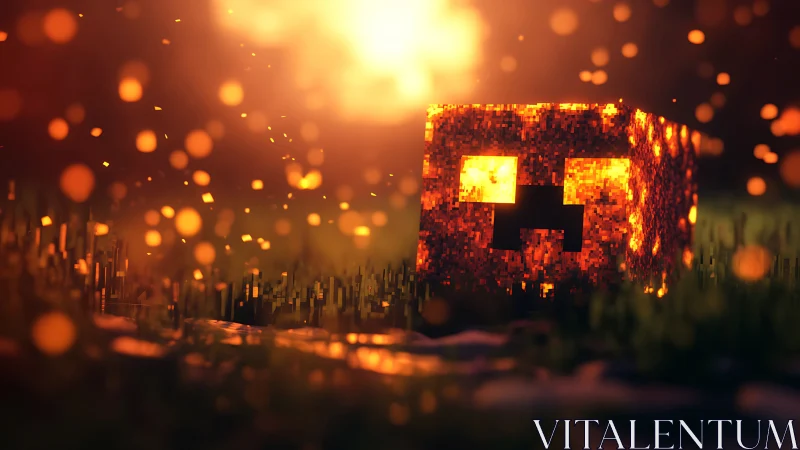 Glowing Lava Monster Block in Fiery Minecraft Landscape.