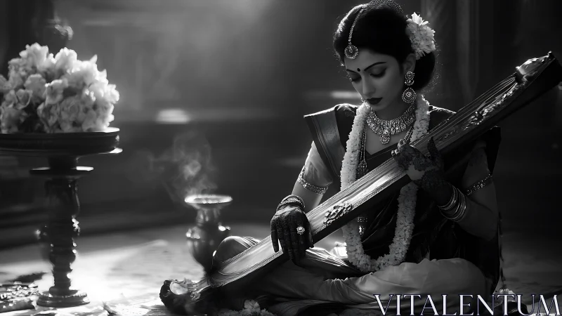 Serene classical musician in ornate black and white portrait.