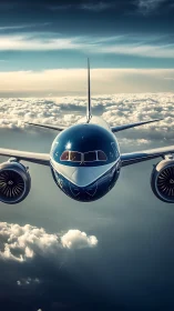 Jetliner gliding through sunlit clouds in calm blue sky.