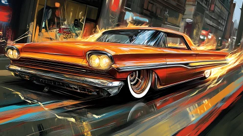 Flaming chrome lowrider streaks through neon city night.