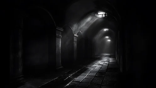 Gloomy vaulted corridor with distant light pools ahead.