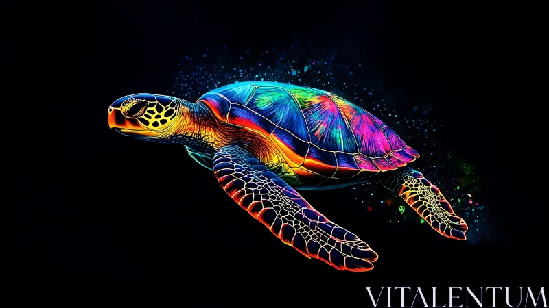 Neon sea turtle gliding through luminous cosmic darkness.