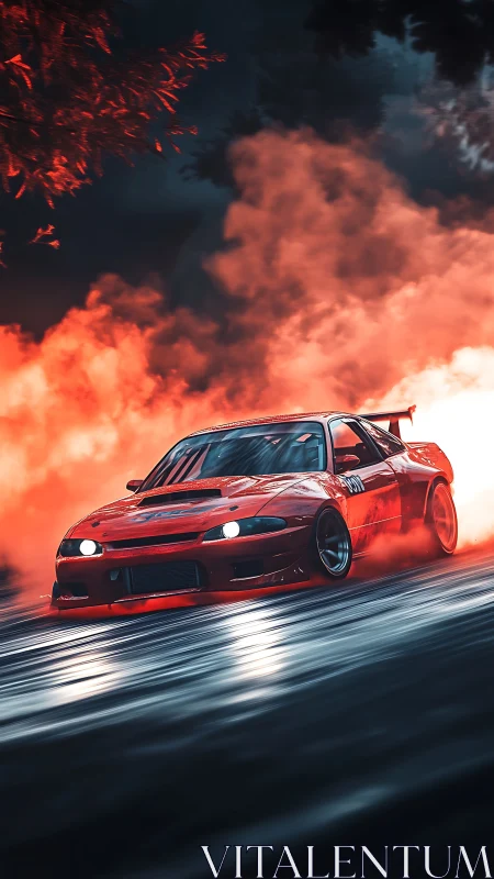 Red drift car on wet racetrack with dramatic smoke plume