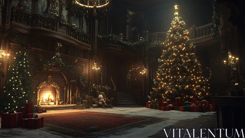 Grand hall Christmas tree with fireplace and presents.