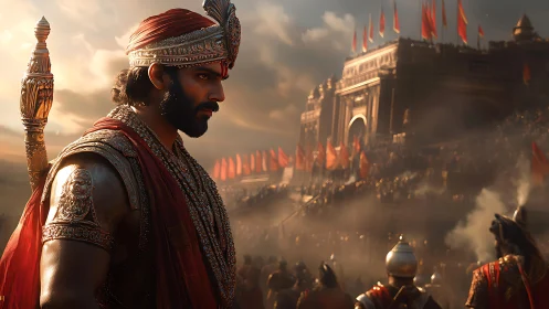 Sunlit warrior king before the roaring fortress crowd.