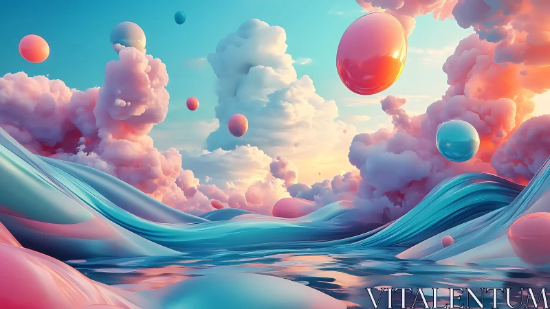 Dreamy pastel clouds and playful floating spheres glow softly