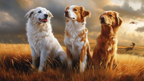 Golden meadow dogs gaze toward a dramatic evening sky.
