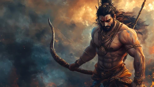 Mythic archer warrior in dynamic molten-cloud atmosphere