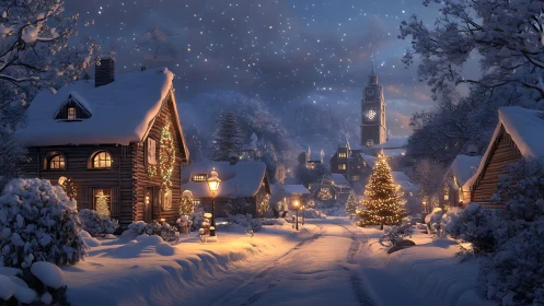 Snow-covered village street under starlit Christmas sky.