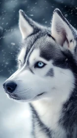 Husky dog with blue eyes stands in falling winter snow outdoors