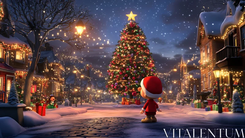 Snow-covered town square with decorated Christmas tree.