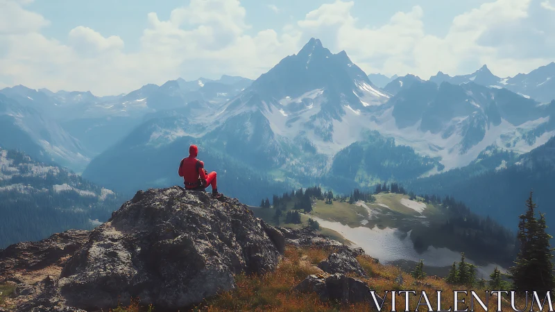 Solitary mountaineer in red suit surveying alpine cirque vista.
