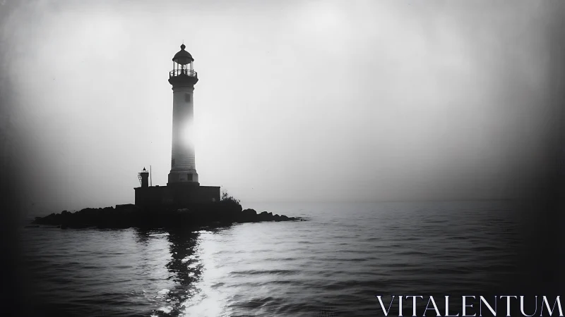 Quiet lighthouse glow guiding calm waves into the mist.