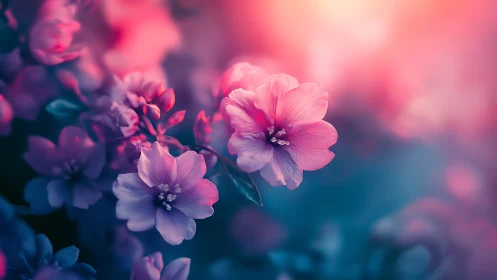 Digital painting of luminous pink blossoms in soft bokeh field.