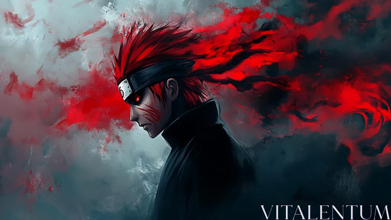 Red-haired ninja profile in crimson energy storm digital art.