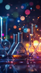 Chromatic laboratory glassware under bokeh light diffusion.