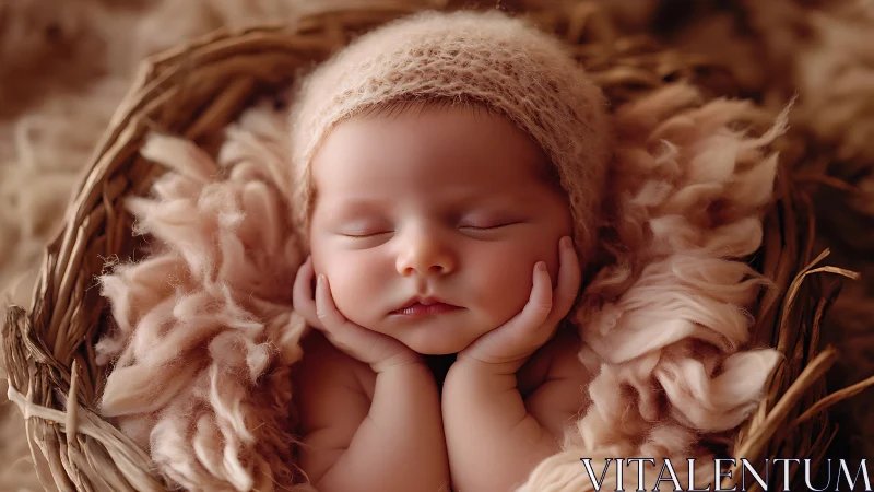 Sleeping Newborn Baby in Woven Basket with Textured Fabrics.