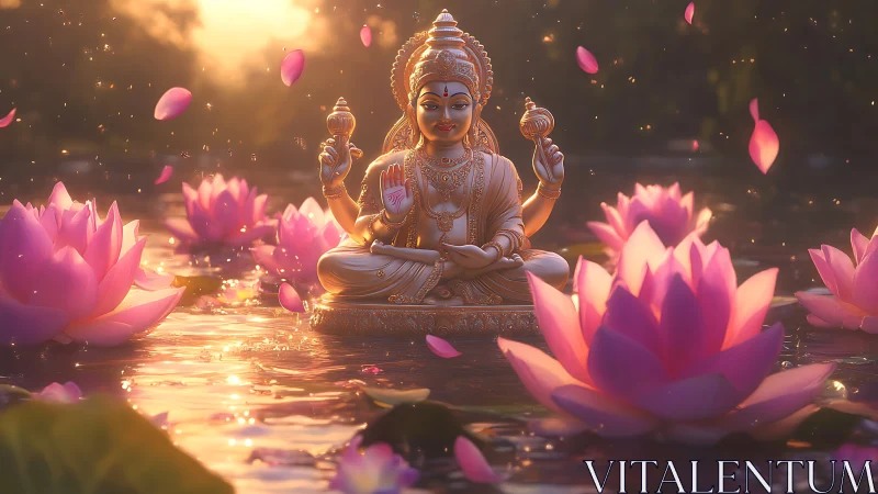 Lotus lake deity glows in rose-tinted Himalayan sunrise.