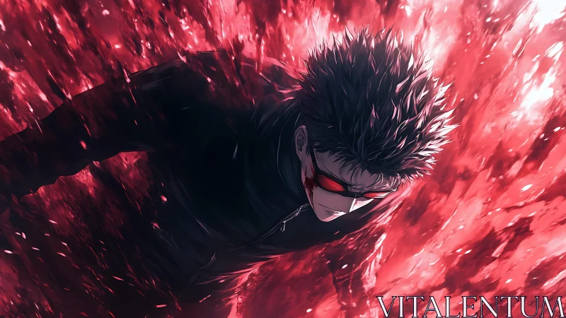 Dark haired figure with red energy surge in motion field.