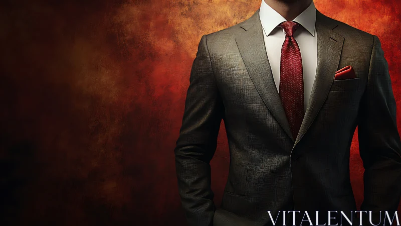 Textured charcoal suit with red accents against graded warm backdrop