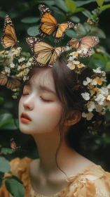 Digital painting portrait with butterflies in botanical wreath.
