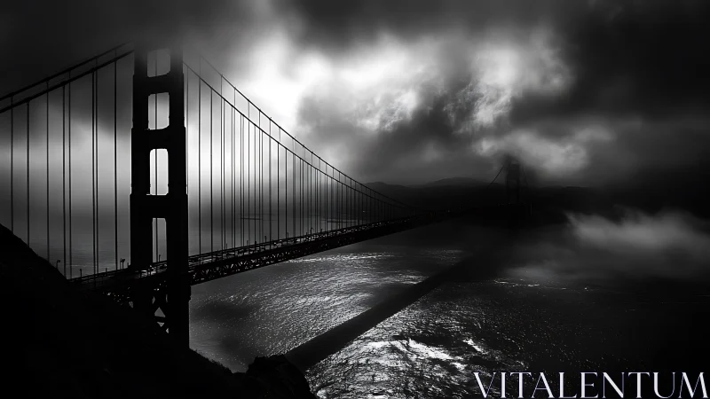 Storm-brooding suspension bridge slicing silver-tinted fog banks.