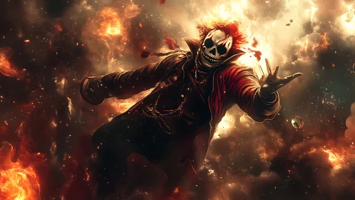 Infernal jester streaks through cosmic firestorm in delight.