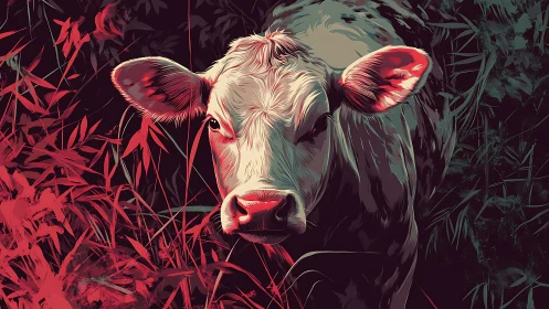 Pastel calf portrait in stylized red and teal foliage depth.