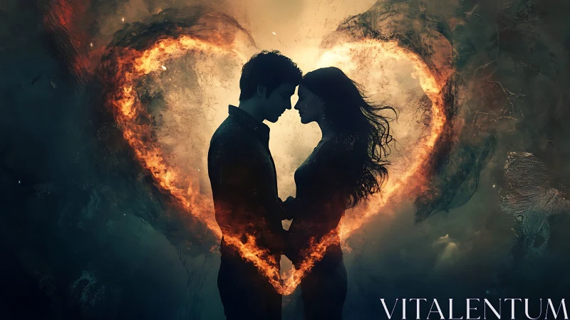 Silhouetted figures against incandescent heart-shaped flame formation with volumetric atmospheric ef