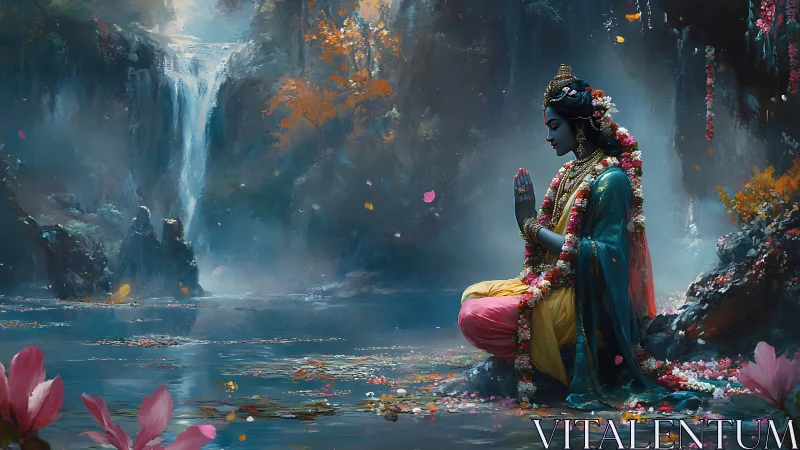 Serene blue deity in prayer beside a misty waterfall pond.