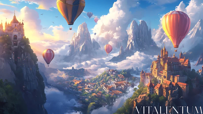 Drifting hot air balloons welcome visitors to a sky kingdom