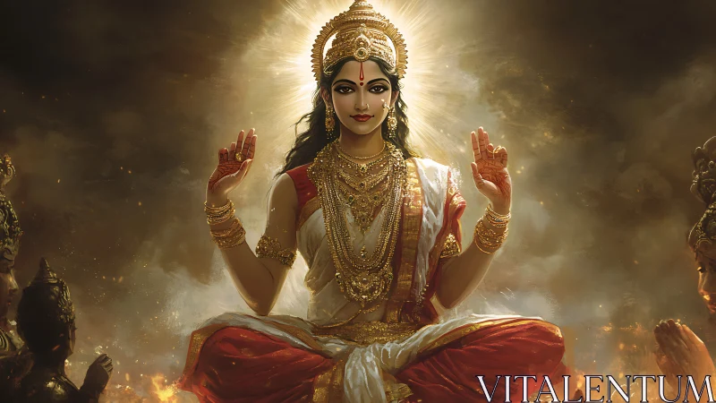 Divine female deity in symmetric frontal pose with radiant halo rim