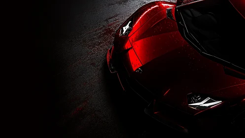 Red sports car hood in dramatic low light on wet road.