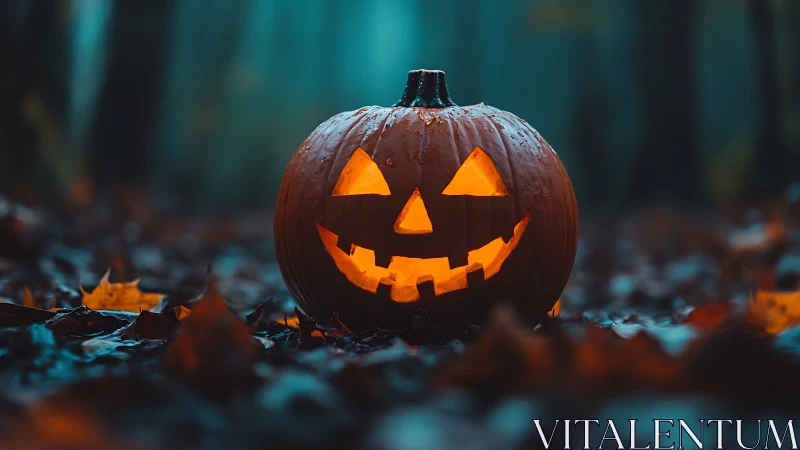 Jack-o’-lantern glows through misty forest floor twilight