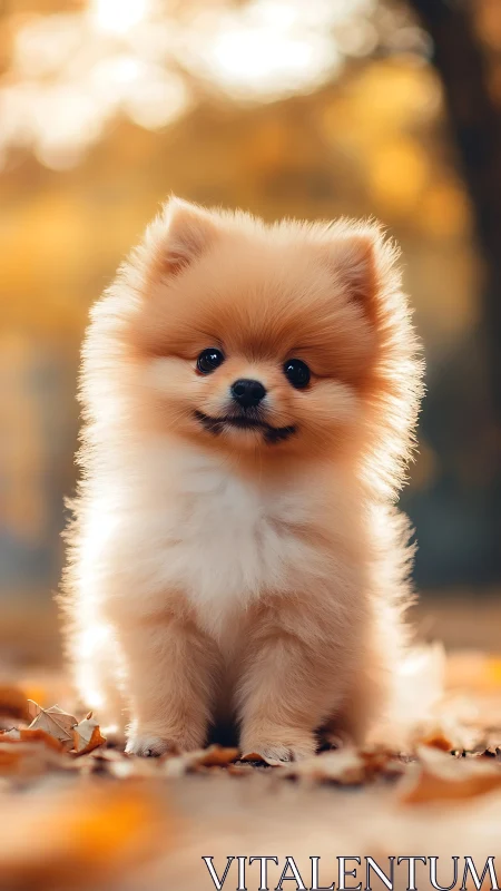 Soft autumn Pomeranian pup enjoys a golden leaf filled day