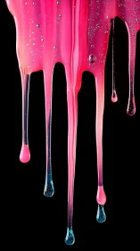 Neon pink liquid drips suspended against deep black void.