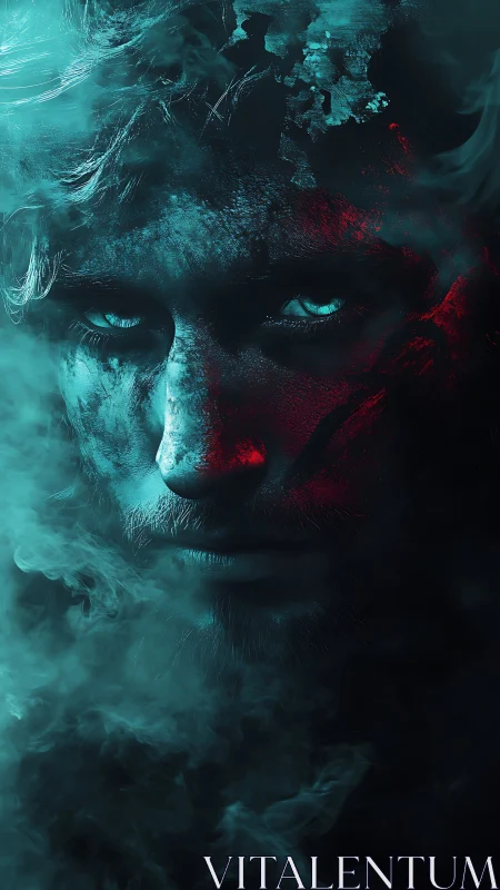 Enigmatic male face emerges through cyan smoke and red light
