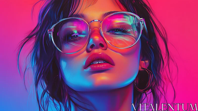 Neon-lit cyber portrait of woman with oversized reflective glasses