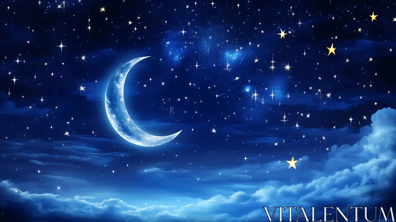 Serene crescent moon glows softly in a dreamy starry sky