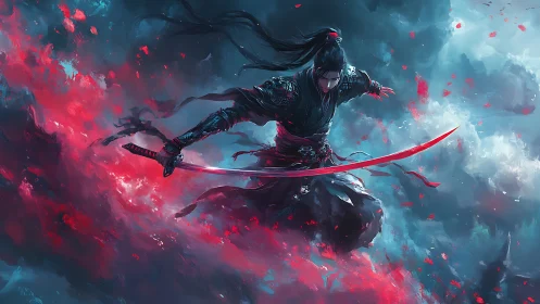 Crimson-blade warrior leaping through stormlit scarlet clouds.