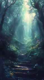 Enchanted Forest Path Glowing With Ethereal Sunlight