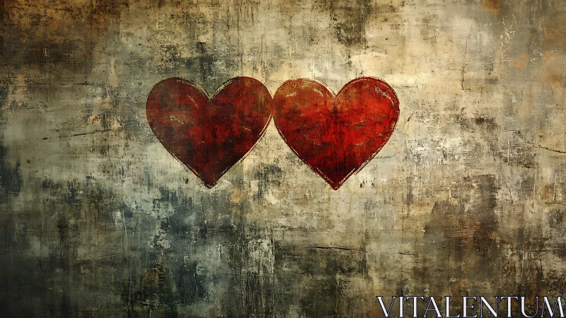Two Red Hearts on Distressed Vintage Surface.