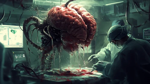Colossal biomechanical brain looms over surgeons in grim lab