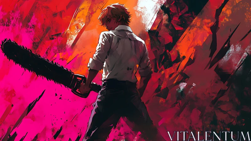 Chainsaw rebel stalks through a neon storm of fractured light