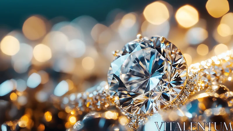 Radiant diamond jewel glowing in soft golden bokeh light.