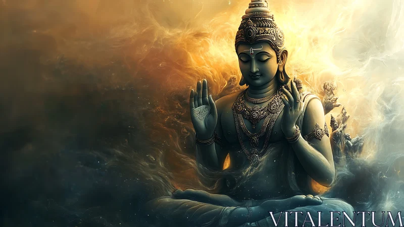 Starlit deity in swirling nebula of gold and midnight calm.