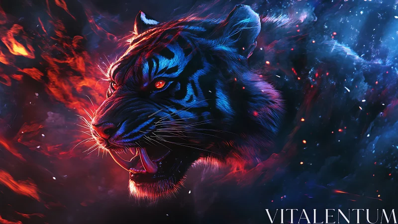 Fierce cosmic tiger roars through swirling fire and starlight