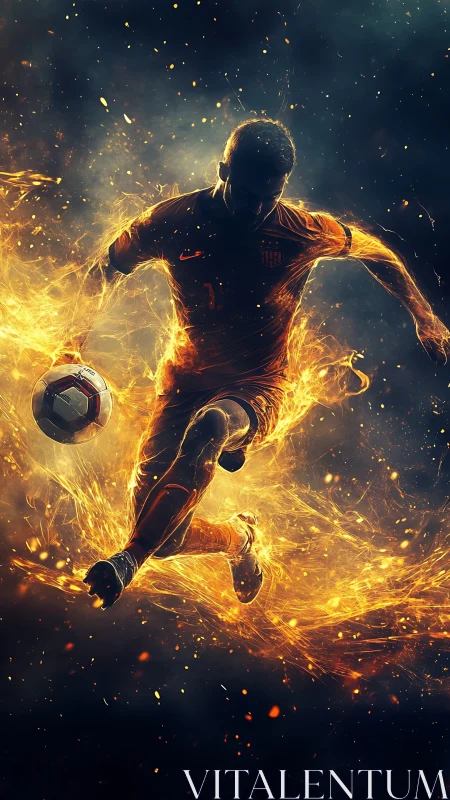 Fiery footballer captured mid-kick in glowing motion storm.